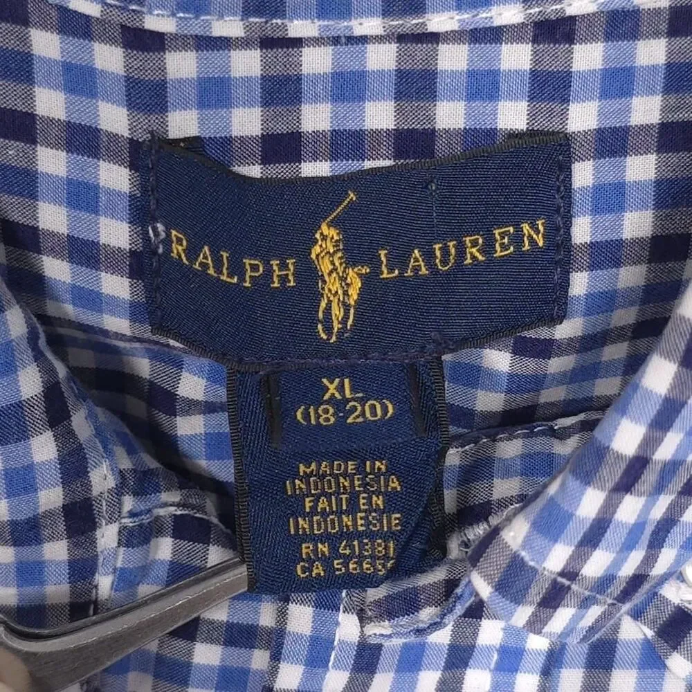 RALPH LAUREN Boys Shirt XL‎ 18-20 Long Sleeve Multicolor Plaid Blue Check Cotton